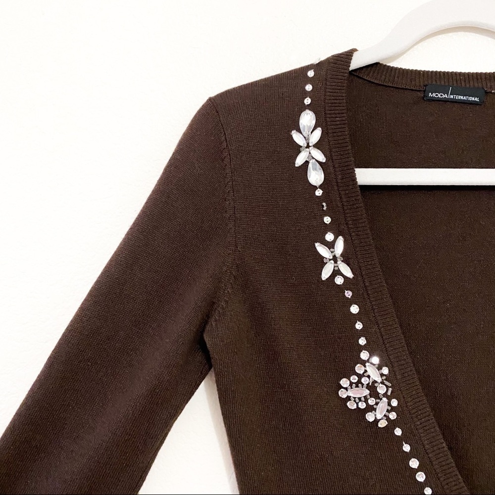 Moda Int Brown Cashmere Rhinestones Cardigan XXS - Picture 2 of 7